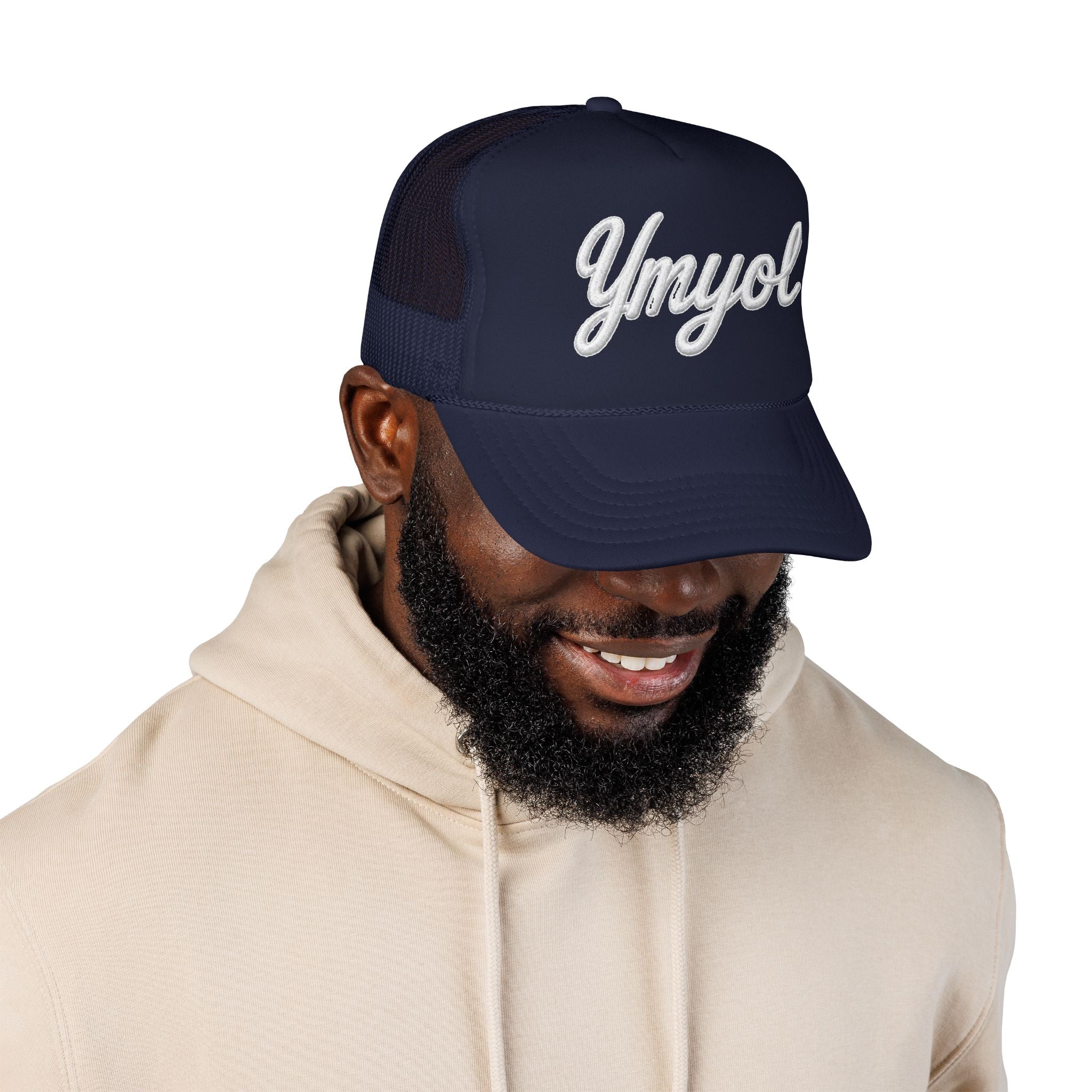 Ymyol Script Trucker Hat — Embroidered Retro Foam Cap