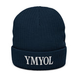 Embroidered 'YMYOL' Ribbed Knit Beanie — Cozy Winter Cuff Hat