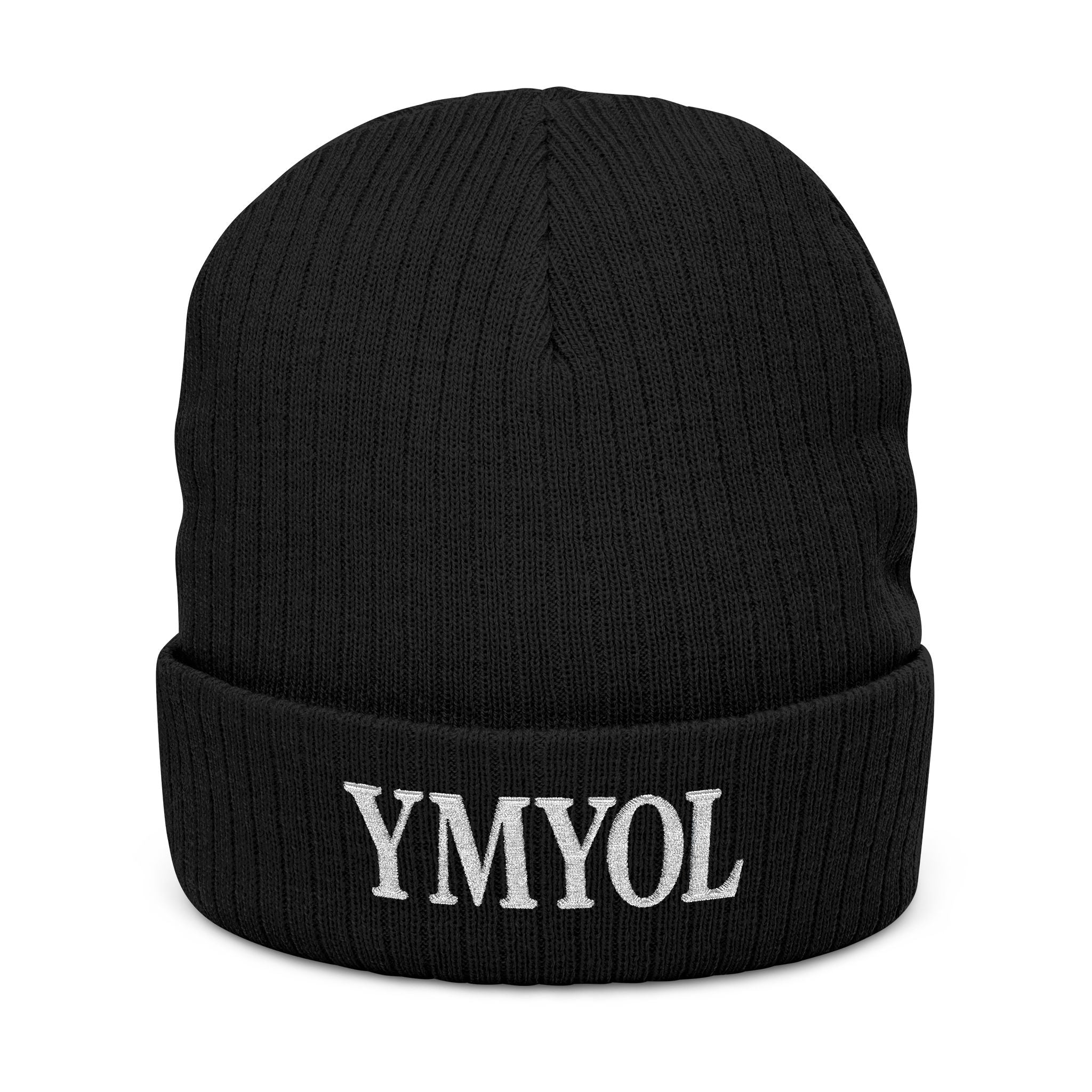 Embroidered 'YMYOL' Ribbed Knit Beanie — Cozy Winter Cuff Hat